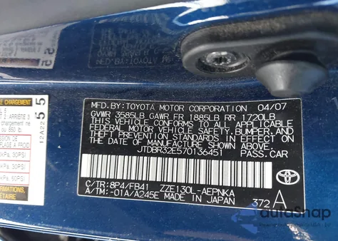 2007 Toyota Corolla Le from USA, damaged, VIN JTDBR32E570136451